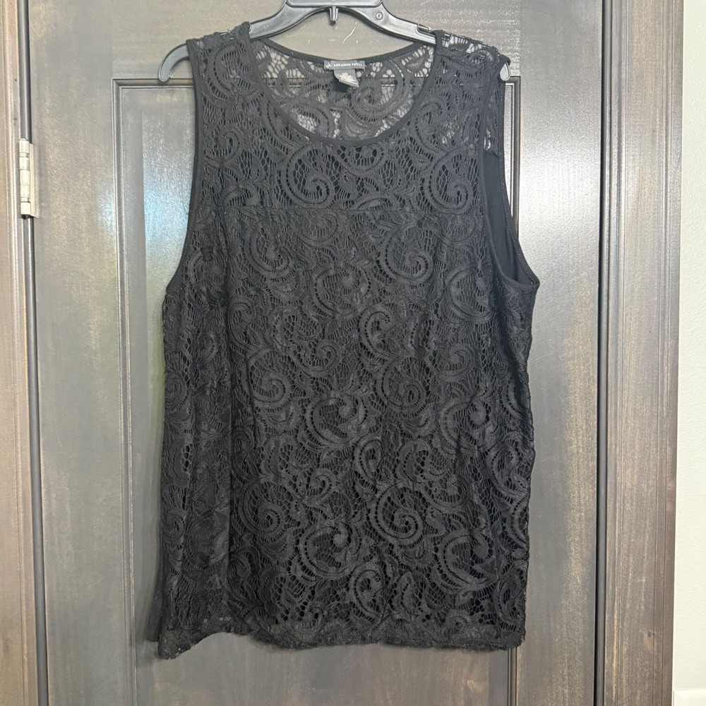 Adrianna Papell Womens XXL Black Lace Overlay Sleeveless Blouse Top Round Neck